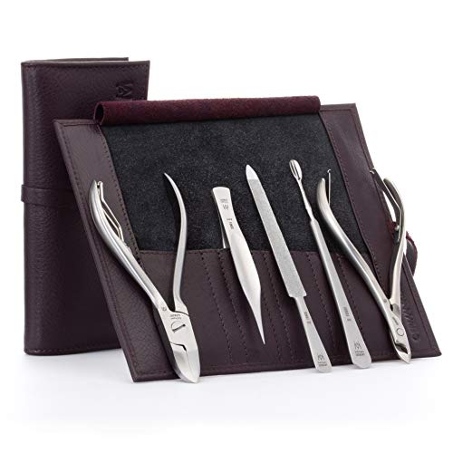 5pc Nipper & Cuticle Care Grooming Set (5-Pc: Nail Nipper, Tweezer, Cuticle Pusher / Purple Leather Roll)