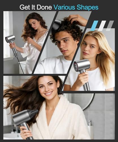 Hair Dryer Negative Ionic Blow Dryer with 150000 RPM High Speed Brushless Motor for Fast Drying (Dark Gray)