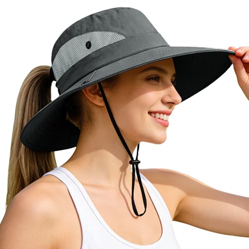 Ponytail Sun Bucket Hats for Women UV Protection Foldable Wide Brim (1 Pack-gray)