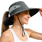 Ponytail Sun Bucket Hats for Women UV Protection Foldable Wide Brim (1 Pack-gray)
