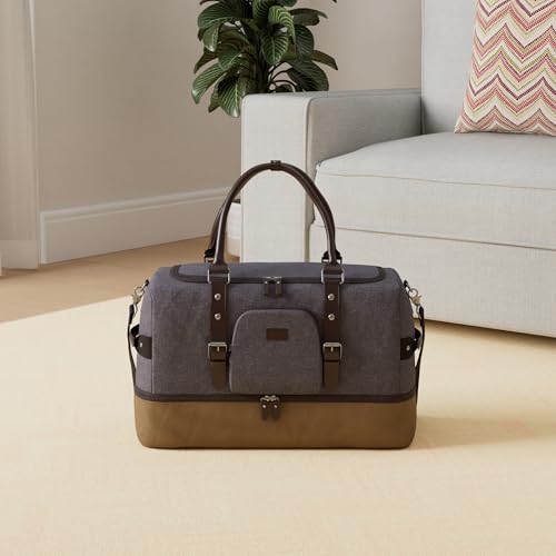 Nerlion Weekender Bag with Shoe Compartment Large Overnight Bag for Men Canvas Genuine Leather Carry on Luggage Bag Travel Duffel Bag (Gray)
