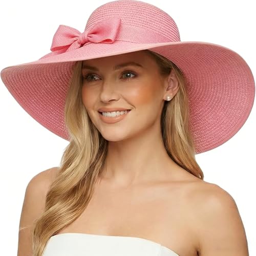 Womens Bowknot Straw Hat Large Foldable Beach Sun Hat Roll up UPF 50+ (Pink / 5.7" Brim, 1 Pack)