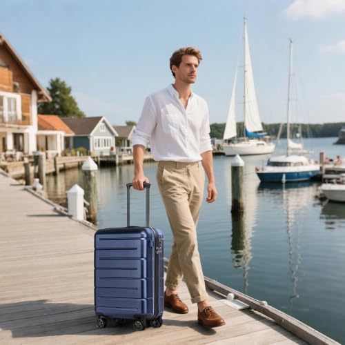 Carry On Luggage 22x14x9 Airline Approved Hardshell Carry On Suitcases with Wheels Travel Rolling 20 Inch Luggage with Cup Holder for Women Men (Navy / Carry-On 22-Inch（non-expandable）)