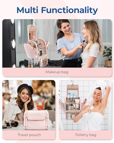 Makeup Bag for Women with Hanging Hook (Pink / Large)