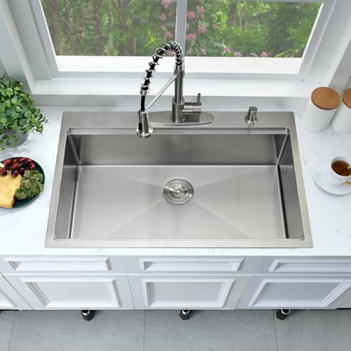 33x19 Drop In Kitchen Sink Stainless Steel Workstation Sink (33"L x 19"W x 10"D / Brushed Nickel)