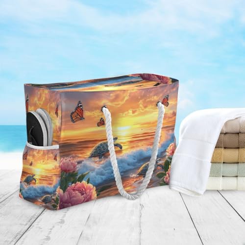 Large Beach Bags Totes Canvas Tote Shoulder Bag Soft Wave Water Resistant Bags for Gym Travel Daily Ocean (Sunset Turtle)