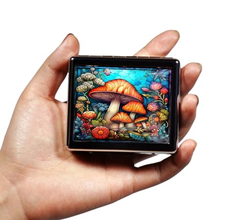 Silver Vintage Pill Box 7 Day Metal Pill Box with Mirror and 8 Compartments Cute Travel Pill Organizer for Purse (Mushroom Stained Glass)