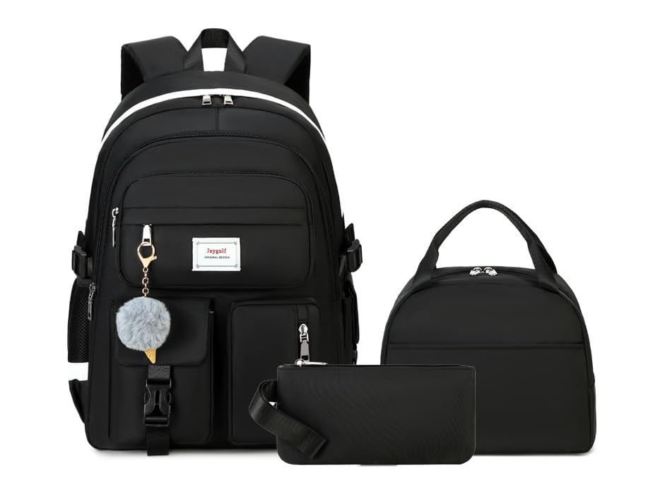 Girls Backpack Stylish Schoolbag Set for College Casuanl Backpack for Girls Black (Black)
