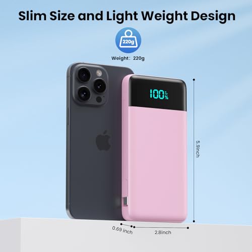 Portable Charger for iPhone with Built in Cables and Wall Plug (Pink)