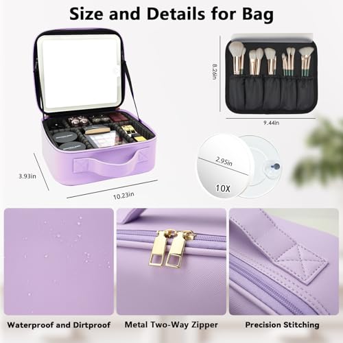 Travel Makeup Bag with LED Mirror and 10x magnifying glass with 3 Lighted Settings (Purple / With LED Mirror and 10x Magnifying Glass)
