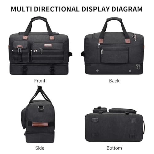 Duffle Bag for Men 60L Travel Canvas Weekender with Toiletry Bag (Classic Black)