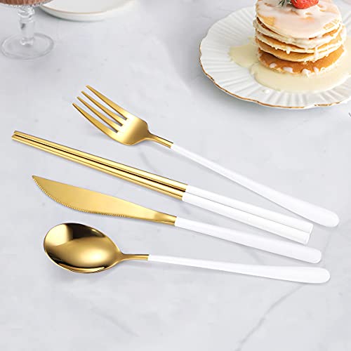 6 Pieces 18 8 Stainless Steel Flatware Set Portable Reusable Cutlery Set Travel Utensils Set Including Chopsticks Knife Fork Spoon Straws Cleaning Brush Dishwasher Safe (White golden)