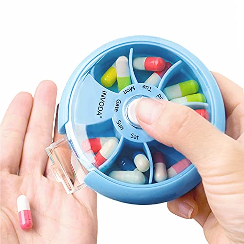 2PCS INVODA Weekly Pill Organizer 7 Compartment Rotating Pill Box for Daily (Pink+blue)