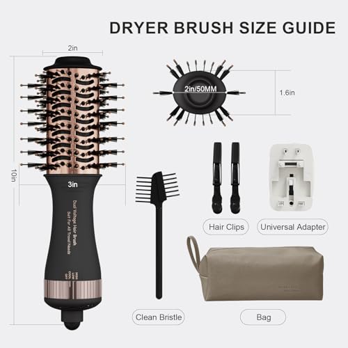 Dual Voltage Blow Dryer Brush Travel Hair Dryer Brush in One (50mm Oval / Black & Rose Gold)