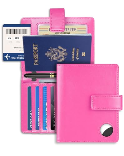 Passport Holder Wallet Cover for Travel with Airtag RFID for Women Men (Pink)