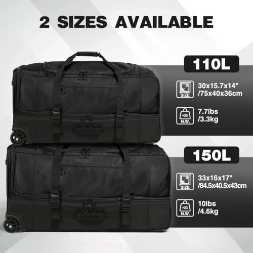 33" Large Rolling Duffle Bag with Wheels and Handle for Travel (33" Black)