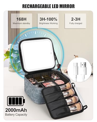 Travel Makeup Bag With LED Mirror (03-Dark Blue Flower / 1-Small)