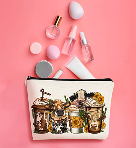 Western Heifer Cow Coffee Drink Cowgirl Cowboy Sunflower Icecream Cup Cactus Ranch Girls Makeup Bag Cosmetic Bag Best Birthday Christmas Gift Idea for Cowgirls Teen Girls Women (J)