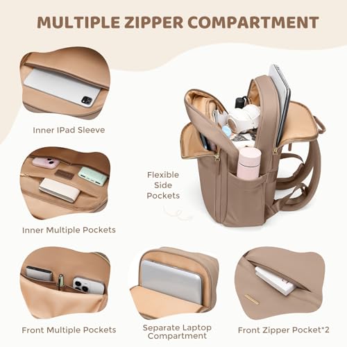 Hiking Travel Backpack for Women Casual Business Weekender Multilayer Laptop Bag (A-champagne Brown / 16 Inch)