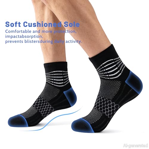 Ankle Compression Socks for Men Women Arch Support Athletic Cushioned Moisture Wicking Cotton Socks 5 Pairs (Small / Cotton -White+blue(5 Pairs))