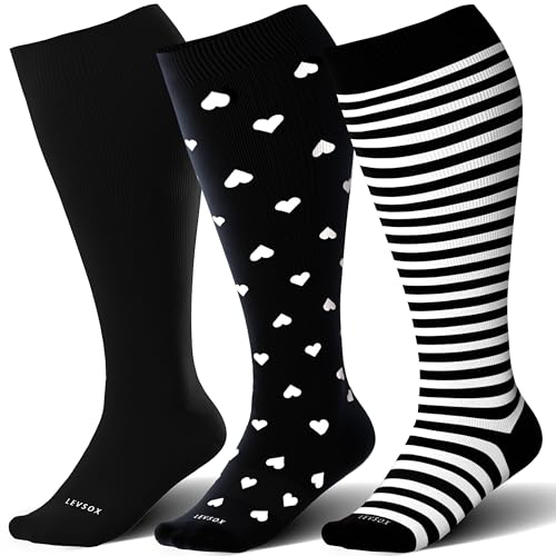 Plus Size Compression Socks for Women&Men Wide Calf 15 (3 Pairs-black/Heart/Stripe / XX-Large)