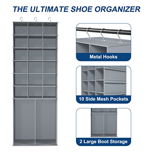18+2 Section Hanging Shoe Organizer with Side Pockets (Grey With 10 Mesh Pockets / 20 Sections)