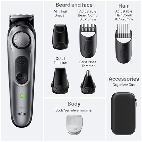 All-in-One Style Kit Series 7 7410, 8-in-1 Trimmer for Men with Beard Trimmer, Body Trimmer for Manscaping, Hair Clippers & More, Sharpest Blade, 40 Length Settings, Waterproof (Silver / 9 Piece Set)