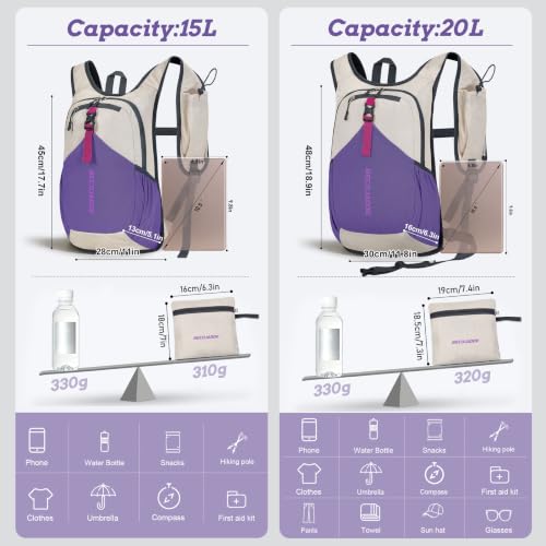 20L Small Hiking Backpack for Men Women Foldable Packable Back Pack Ultralight Hiking Daypack for Travel Camping Outdoor (Beige Purple / 20L)