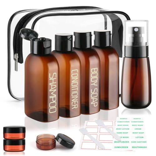 Travel Bottles for Toiletries 9PCS 3.4oz Plastic Squeeze Bottles (E-Brown)