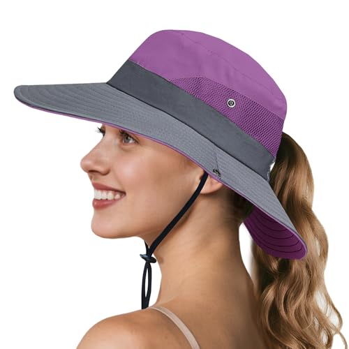 Ponytail Sun Hats for Women UPF 50+ Purple (One Size / Purple/Grey (Ponytail Hole))