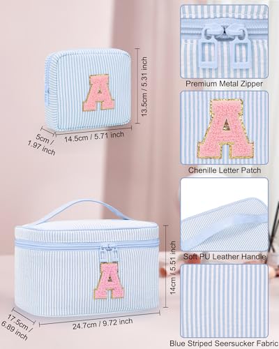 Personalized Initial Makeup Bag for Women Teen Girls (Blue)