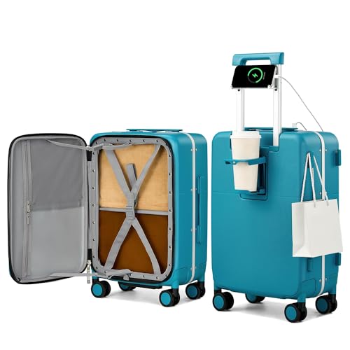 20 Inch Top Opening Carry On Luggage with Cup Holder and USB Ports (Caribbean Blue / 20 Inch Pro)