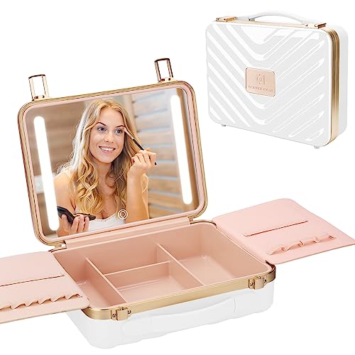 Travel Makeup Train Cases with Lighted Mirror 3 Color Setting (White)