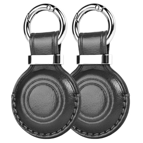 2 Pack] Leather Holder Keychain for AirTag 2nd Gen (C1-Black+Black)