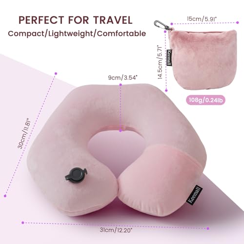 Inflatable Travel Neck Pillow for Airplane to Relieve Neck Pain (Soft Pink / Medium)