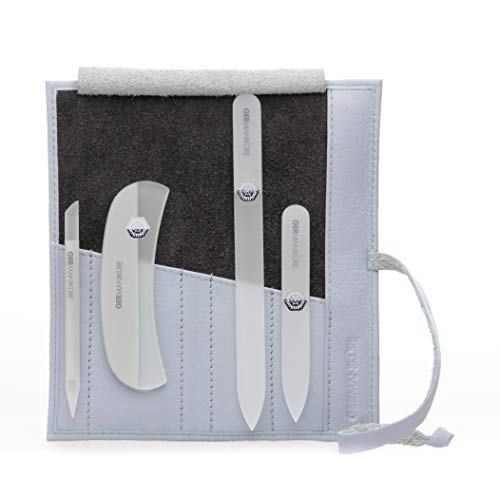 Czech Gray Crystal Glass Nail File Set (4-Pc: Nail File, Travel File, Moon File / Light Blue Leather Roll)