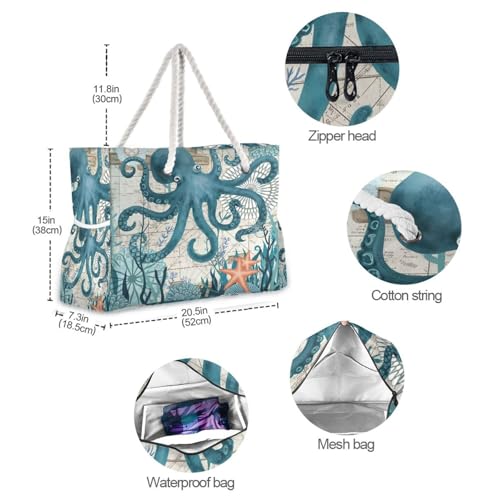 Large Beach Bags Totes Canvas Tote Shoulder Bag Soft Wave Water Resistant Bags for Gym Travel Daily Ocean (Ocean Octopus Vintage)