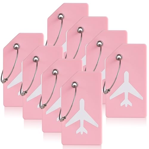 8 Pack Initial Luggage Tags for Suitcases Airplane Travel Essentials (Pink / Plane)