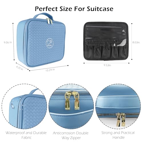 Travel Makeup Bag Cosmetic Bag Makeup Organizer Bag with Lighted Mirror (Azure Blue / Woven)