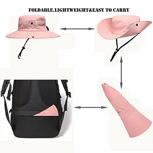 Womens Summer Sun Hat Beach Hat Wide Brim Outdoor UV Protection Hat Foldable Cool Mesh Ponytail Bucket Hat (6-7 / Pure Pink)