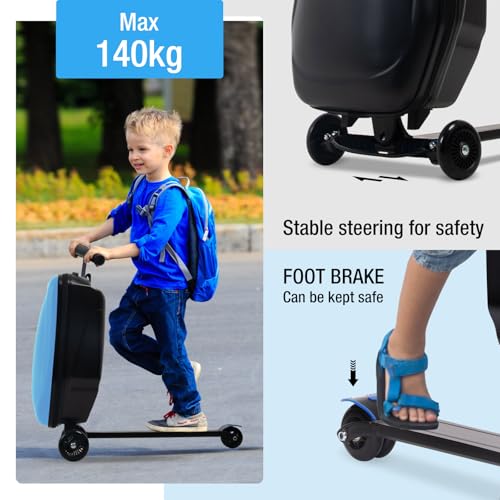 2-in-1 Ride-On Scooter Suitcase for Kids & Adults, 20” Foldable Hardshell Carry-On Luggage for Travel, Lightweight Kids Scooter Bag with Wheels (Blue)