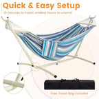 LazyDaze Hammocks Double Hammock with Stand (White Frame- Blue Stripes)