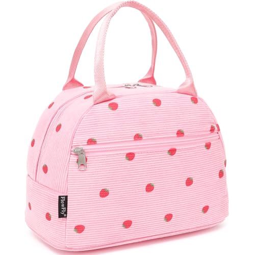 Insulated Lunch Bag for Women (Corduroy Strawberries RoseRed)