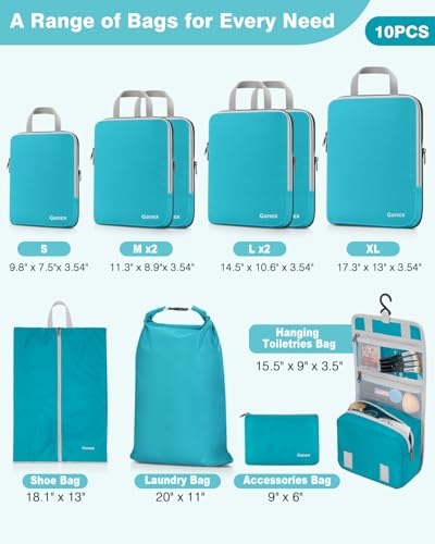 10 Piece Compression Packing Cubes with Travel Organizer Set (10-Blue / 10 Set)
