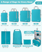 10 Piece Compression Packing Cubes with Travel Organizer Set (10-Blue / 10 Set)