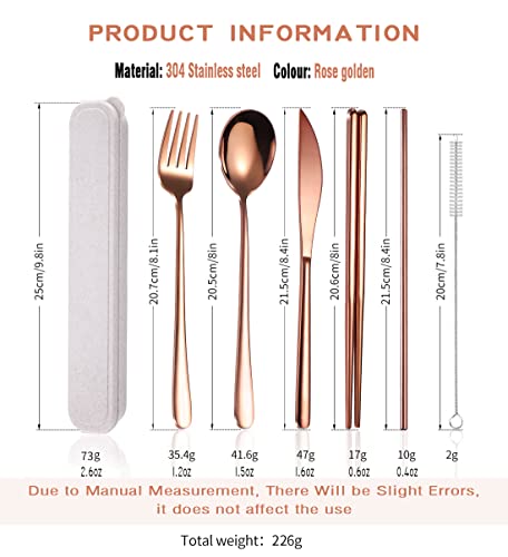 6 Pieces 18 8 Stainless Steel Flatware Set Portable Reusable Cutlery Set Travel Utensils Set Including Chopsticks Knife Fork Spoon Straws Cleaning Brush Dishwasher Safe (Rose Gold)