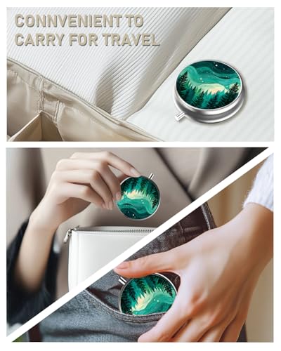 Pill Box 3 Compartment Portable Travel Medicine Box with Mirror (Forests)