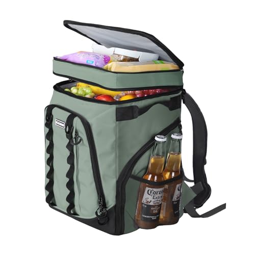 Insulated Cooler Bags for Travel Women 36cans Soft Cooler Backpack 18 Hours Cooling Lunch Backpack for Men Work for Camping Picinic Beach Grayish ArmyGreen 30L (Armygreen)