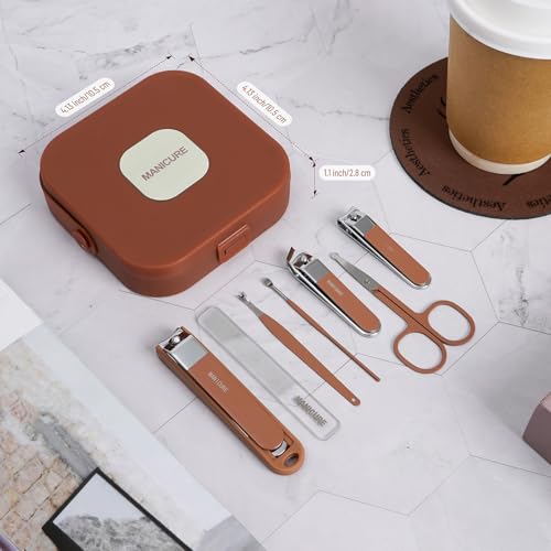 Nail Clippers Set for Men and Women 7 Pieces Stainless Steel Grooming Kits (Brown)
