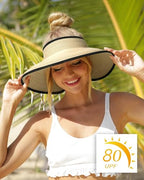Women's Straw Sun Visor Hat UPF Wide Shade Ponytail Summer Hat (One Size / Beige)